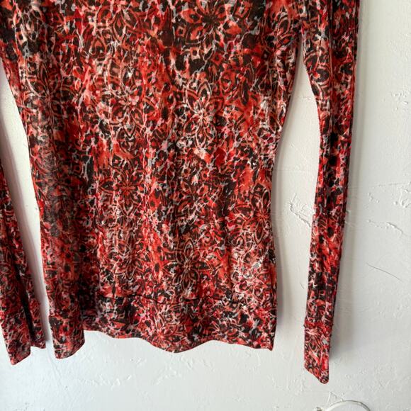 Maurices Red Sheer Abstract Print Long Sleeve Top M Y2K Stretch Fitted Burnout - Picture 3 of 8